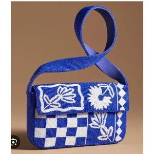 Anthropologie Fiona Blue and White Beaded Floral Shoulder Bag